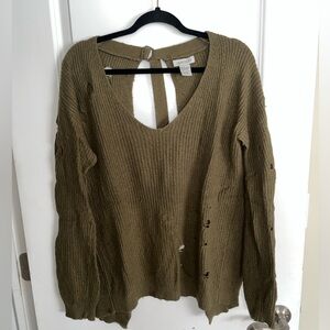 Evereve Jamison Olive Green Women's Distressed Open Back Sweater Size S
